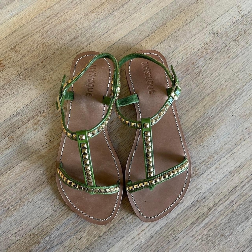 NIB Mystique Sandal Thong Olive‎ Green Leather Gold Studded Sandals Size 8 - Picture 4 of 8